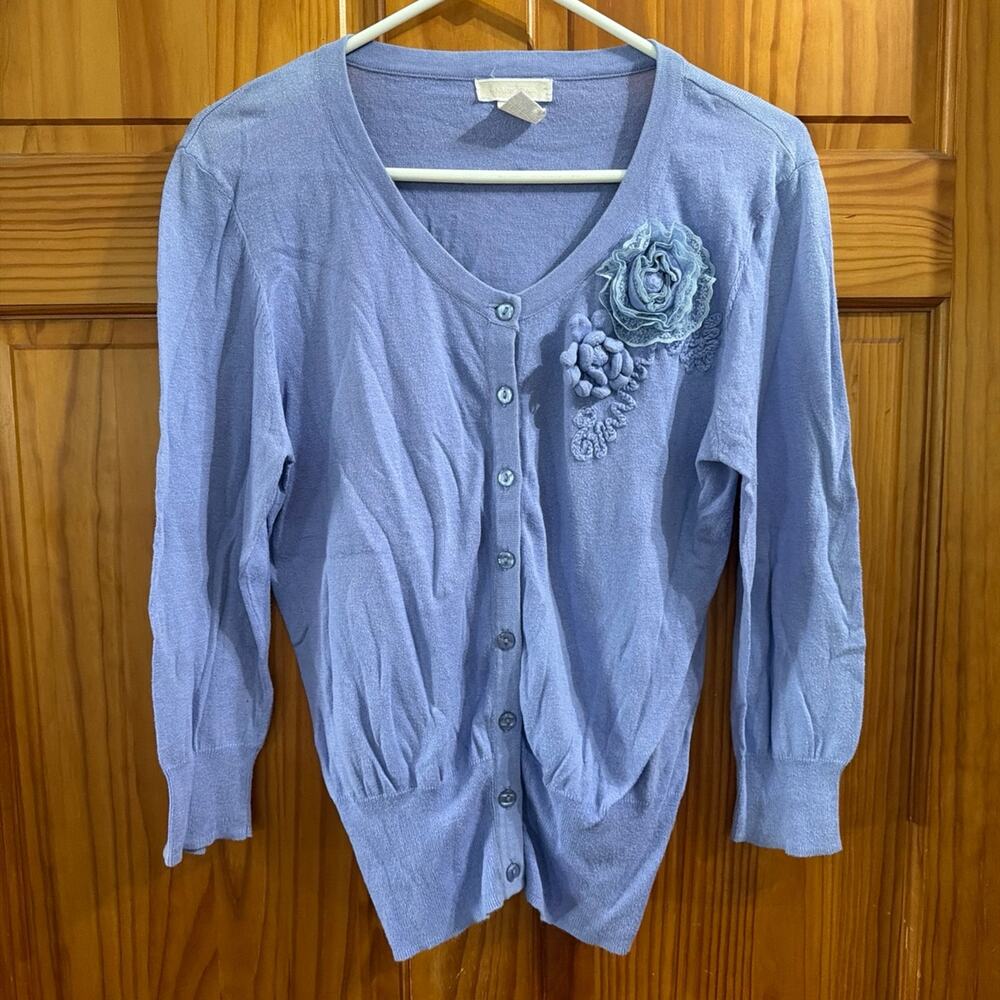 Women's Purple V-Neck Button-Up Cardigan with Flower Detail Size L